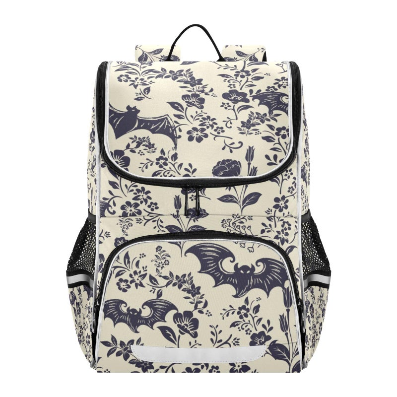 XUWU Goth Bat Flowers Backpack with Reflective Strip for Kids Boys Girls Elementary School Bag Removable Chest Strap - Image 2