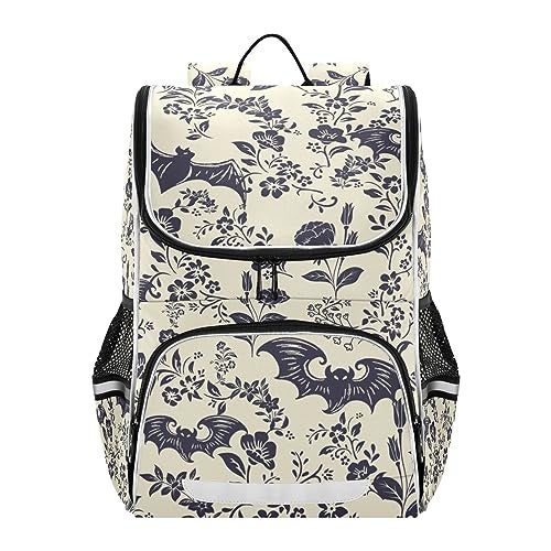 XUWU Goth Bat Flowers Backpack with Reflective Strip for Kids Boys Girls Elementary School Bag Removable Chest Strap - Image 1
