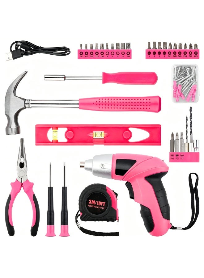 Arabest Drill Set, Cordless Drill, Small Tool Kit, 112pc 3.6V USB Tool Set, Tool Kit for Dorm, Cordless & Rechargeable, Pink Home Toolbox for Women, DIY Toolbox - Image 2