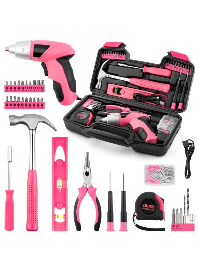 Arabest Drill Set, Cordless Drill, Small Tool Kit, 112pc 3.6V USB Tool Set, Tool Kit for Dorm, Cordless & Rechargeable, Pink Home Toolbox for Women, DIY Toolbox - Image 1