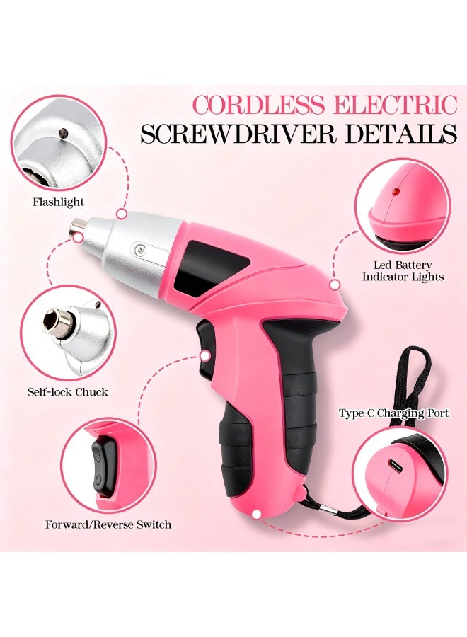 Arabest Drill Set, Cordless Drill, Small Tool Kit, 112pc 3.6V USB Tool Set, Tool Kit for Dorm, Cordless & Rechargeable, Pink Home Toolbox for Women, DIY Toolbox - Image 4