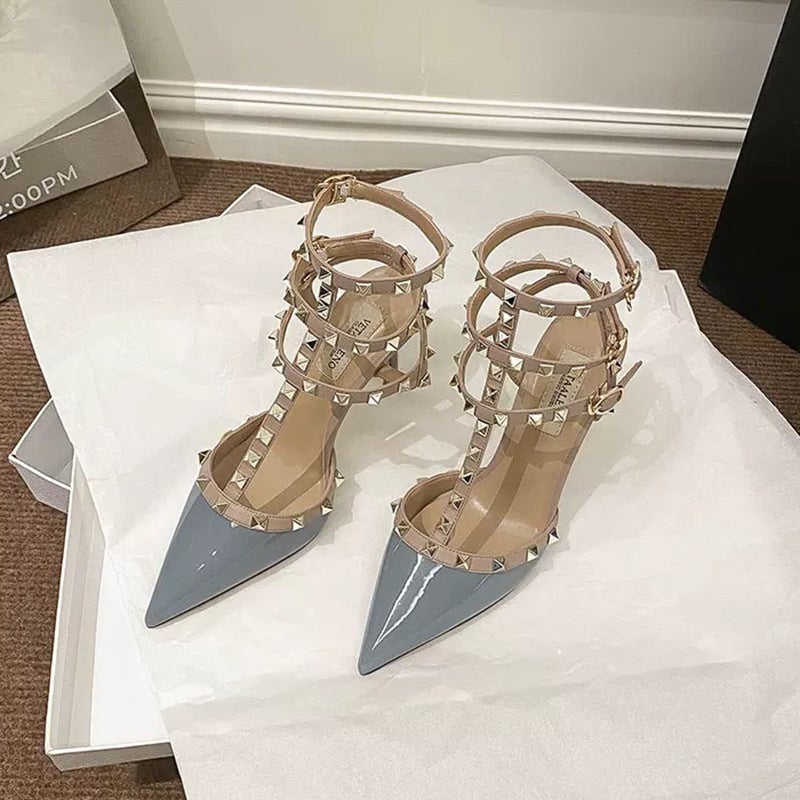 Nude Patent Leather Studded Pointed-Toe High Heels 2026 New Model Three-Ring Ankle Strap Stiletto Closed-Toe Sandals For Summer - Image 5