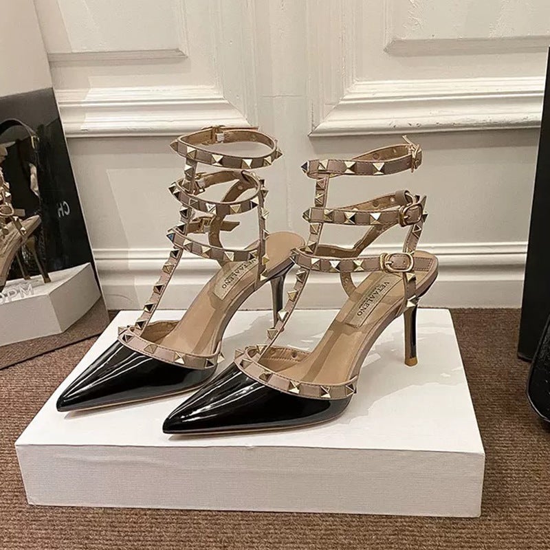 Nude Patent Leather Studded Pointed-Toe High Heels 2026 New Model Three-Ring Ankle Strap Stiletto Closed-Toe Sandals For Summer - Image 2