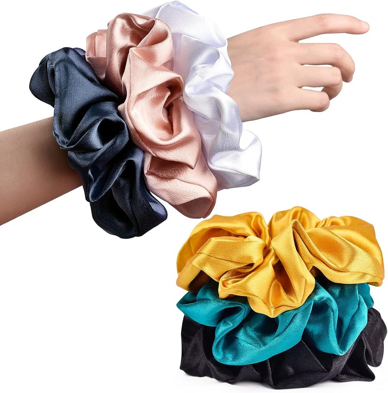 CEELGON Black Big Satin Scrunchies for Women Large Scrunchie Blue Satin Hair Ties Oversized Thick Elastic Jumbo Hair Scrunchies 6 Pack (black,gold,champagne,blue,green,white) - Image 1