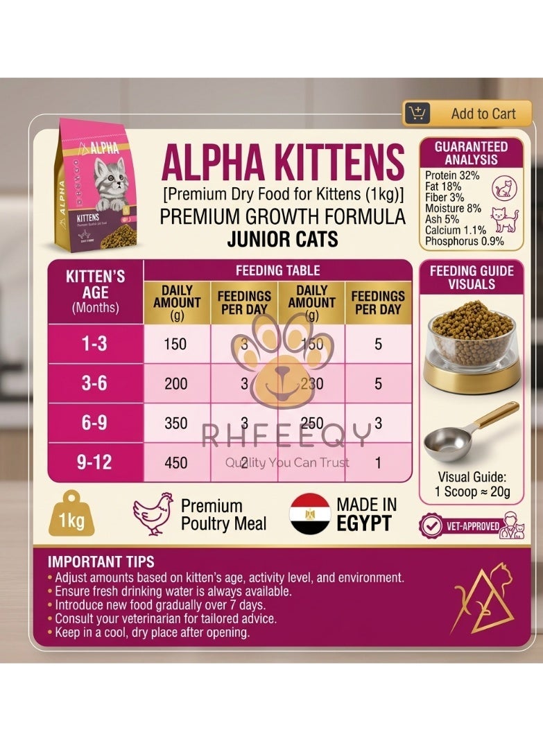 Alpha Kittens Dry Cat Food 1kg – Premium Poultry Flavour Growth Formula for Junior Cats & Kittens, High Protein & Rich in Omega 3/6 for Immunity & Digestibility - Image 3