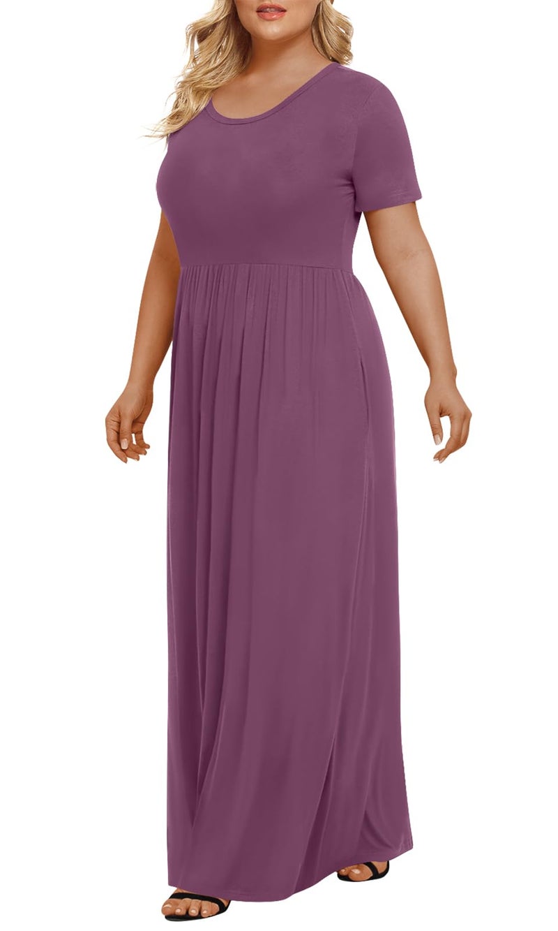 LONGYUAN Women's Plus Size Maxi Dresses for Curvy Women Summer Short Sleeve Casual 2026 Long Dress Purple Red 3XL - Image 2