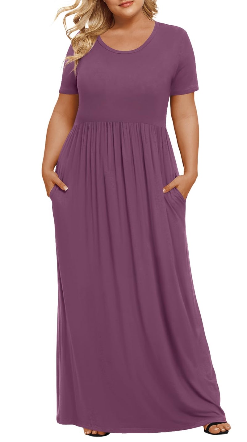 LONGYUAN Women's Plus Size Maxi Dresses for Curvy Women Summer Short Sleeve Casual 2026 Long Dress Purple Red 3XL - Image 4