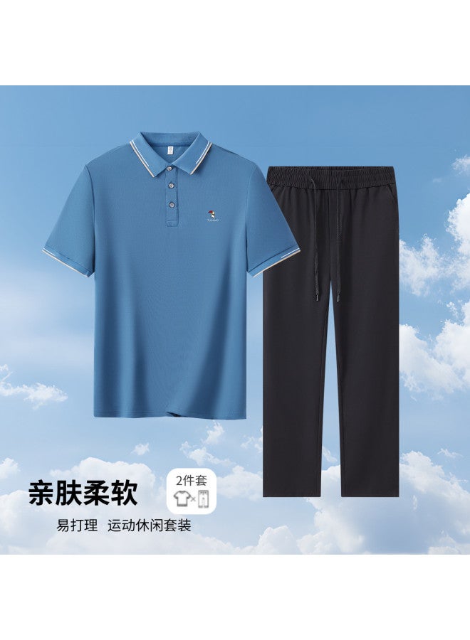 Tucano men's Summer Short-sleeve Polo Shirt With Elastic Waist Casual Pants Set - Image 2