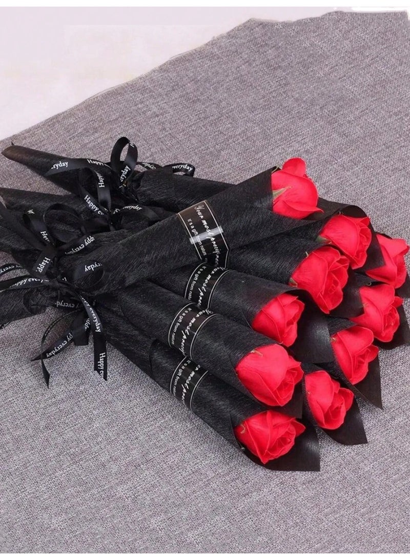 Artificial Flower Bouquet with 4 Red Roses Wrapped in Elegant Black Paper and Satin Ribbon – Perfect Gift for Birthdays, Engagements, Graduation, Weddings, and Special Occasions - Image 1