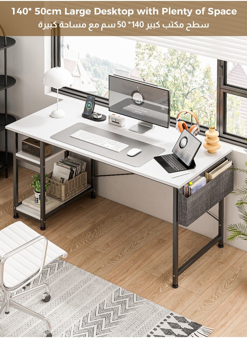 Stubborn Computer Desk 140cm, Office Desk with Storage Bag, Gaming Desk with 2-tier Shelves, Easy Assembly Study Desk, Simple Modern Home Office Desks, Writing Table  - Image 4