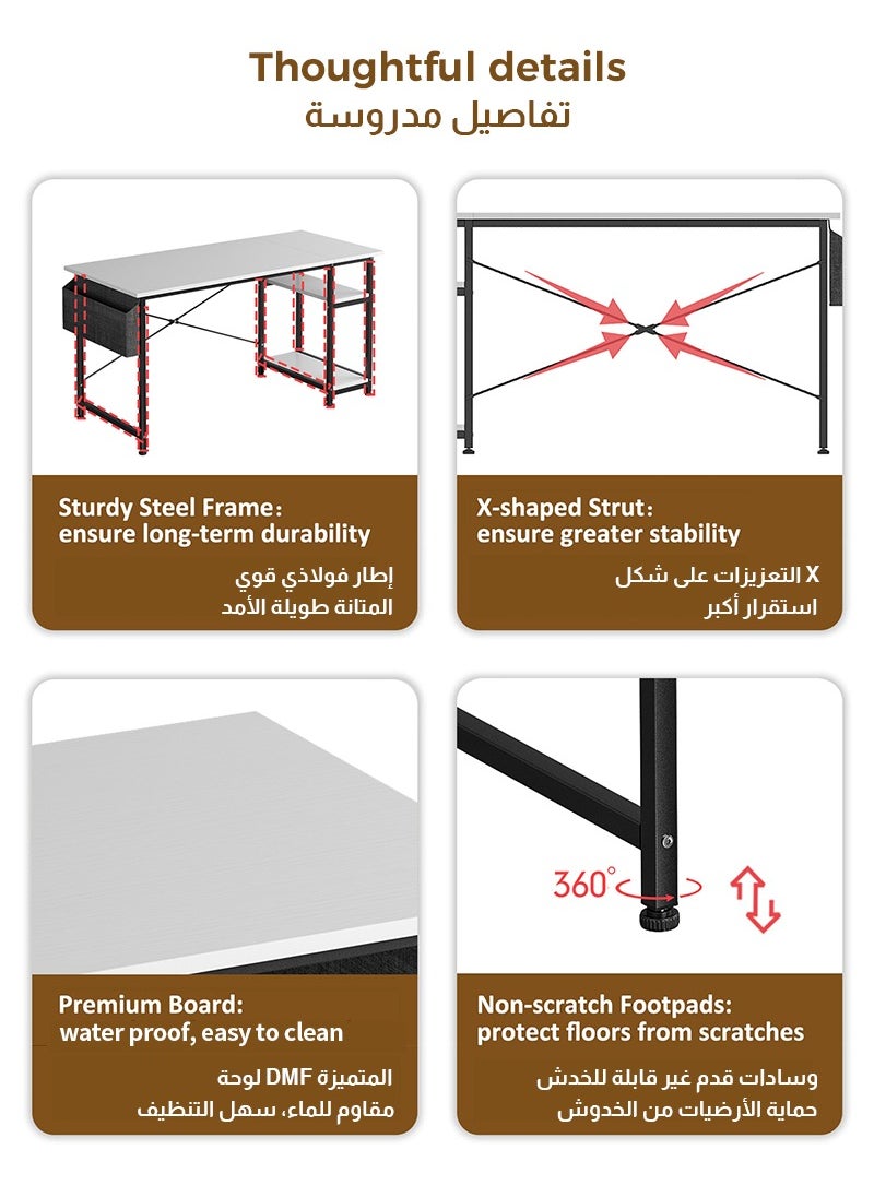 Stubborn - Computer Desk 140cm, Office Desk with Storage Bag, Gaming Desk with 2-tier Shelves, Easy Assembly Study Desk, Simple Modern Home Office Desks, Writing Table - Image 1