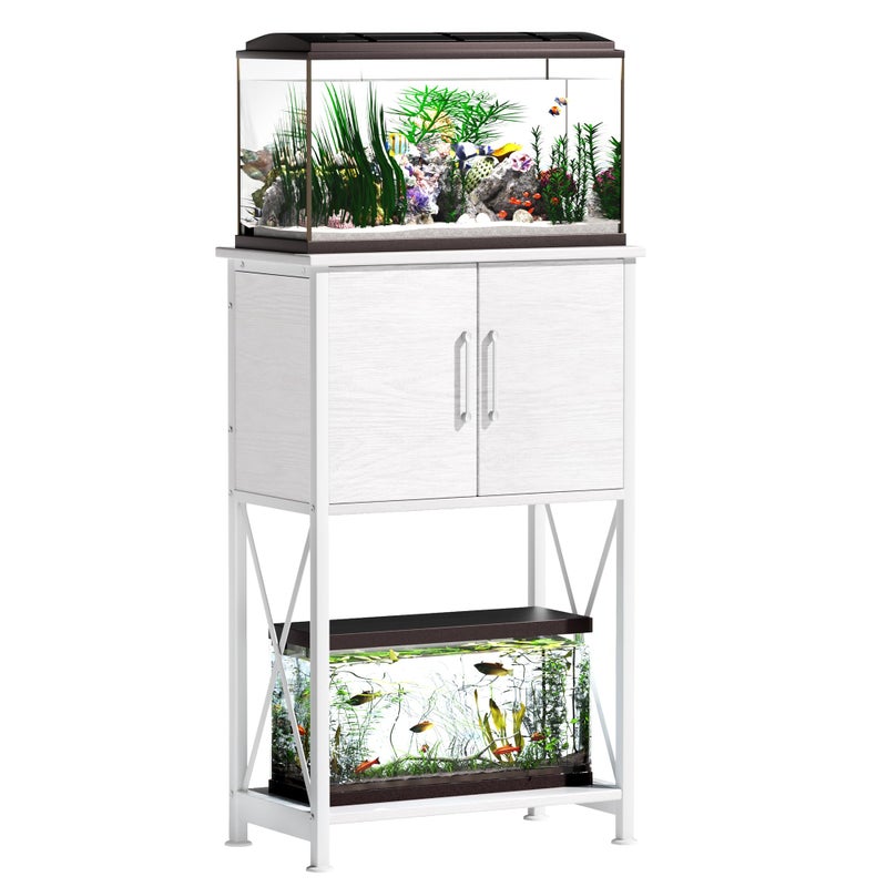 Herture 5-10 Gallon Fish Tank Stand, Metal Double Aquarium Stand with Cabinet for Fish Tank Accessories Storage, Heavy Duty 20.5" L* 11.02" W Tabletop, 500LBS Capacity White PG06YGW - Image 1