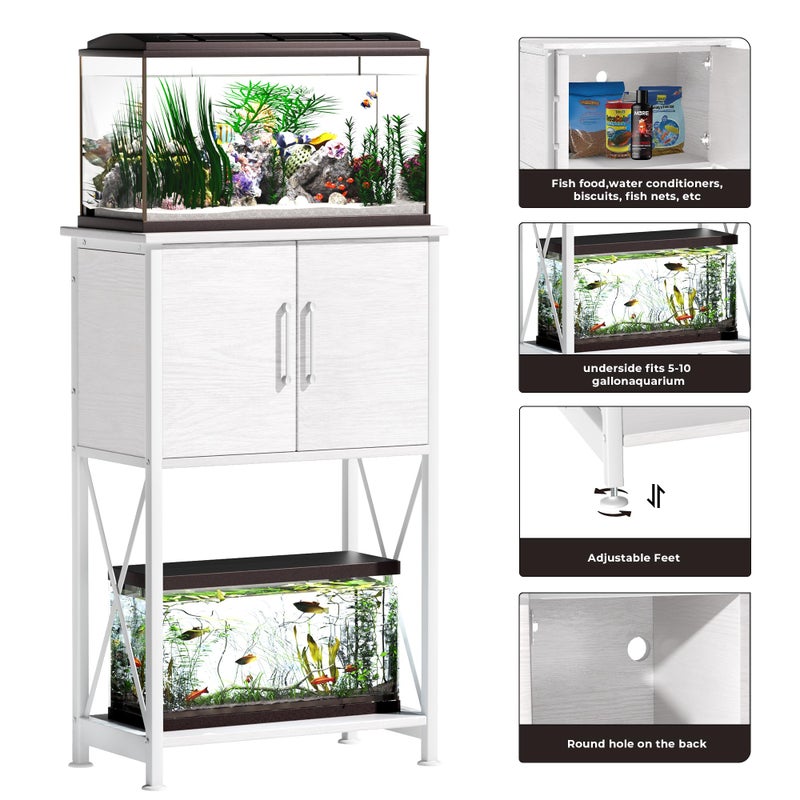 Herture 5-10 Gallon Fish Tank Stand, Metal Double Aquarium Stand with Cabinet for Fish Tank Accessories Storage, Heavy Duty 20.5" L* 11.02" W Tabletop, 500LBS Capacity White PG06YGW - Image 3