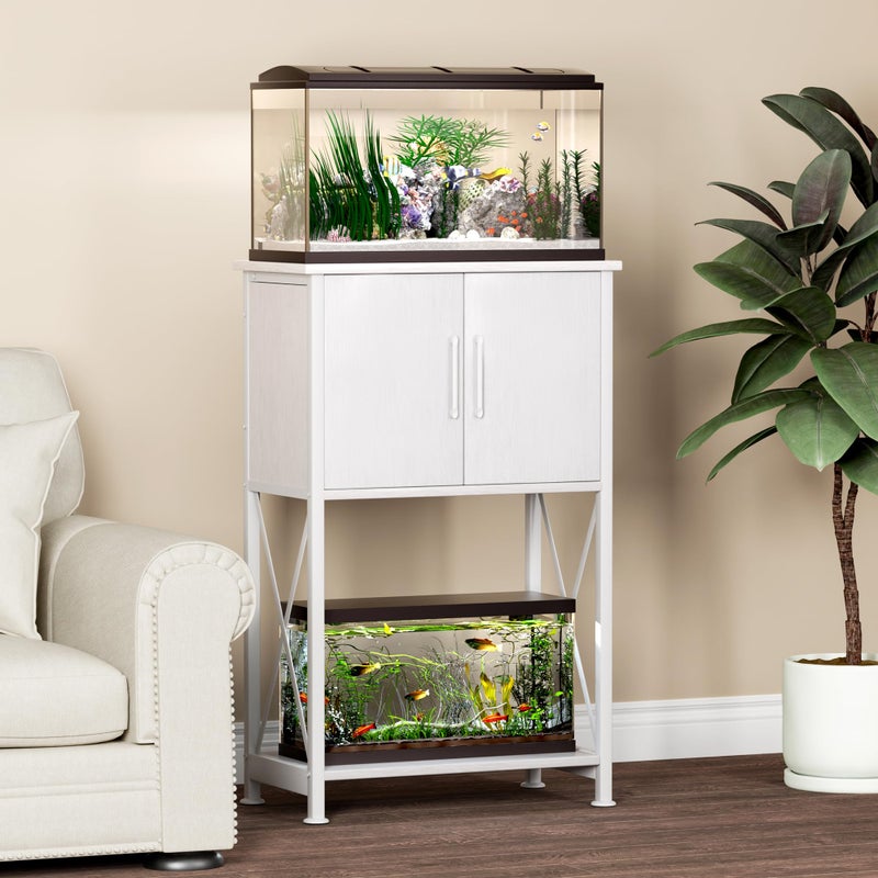 Herture 5-10 Gallon Fish Tank Stand, Metal Double Aquarium Stand with Cabinet for Fish Tank Accessories Storage, Heavy Duty 20.5" L* 11.02" W Tabletop, 500LBS Capacity White PG06YGW - Image 2