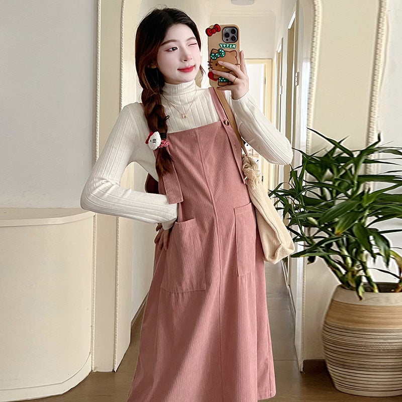 Maternity Corduroy Fashion Suspenders Dress Set Autumn Apricot bottoming shirt
