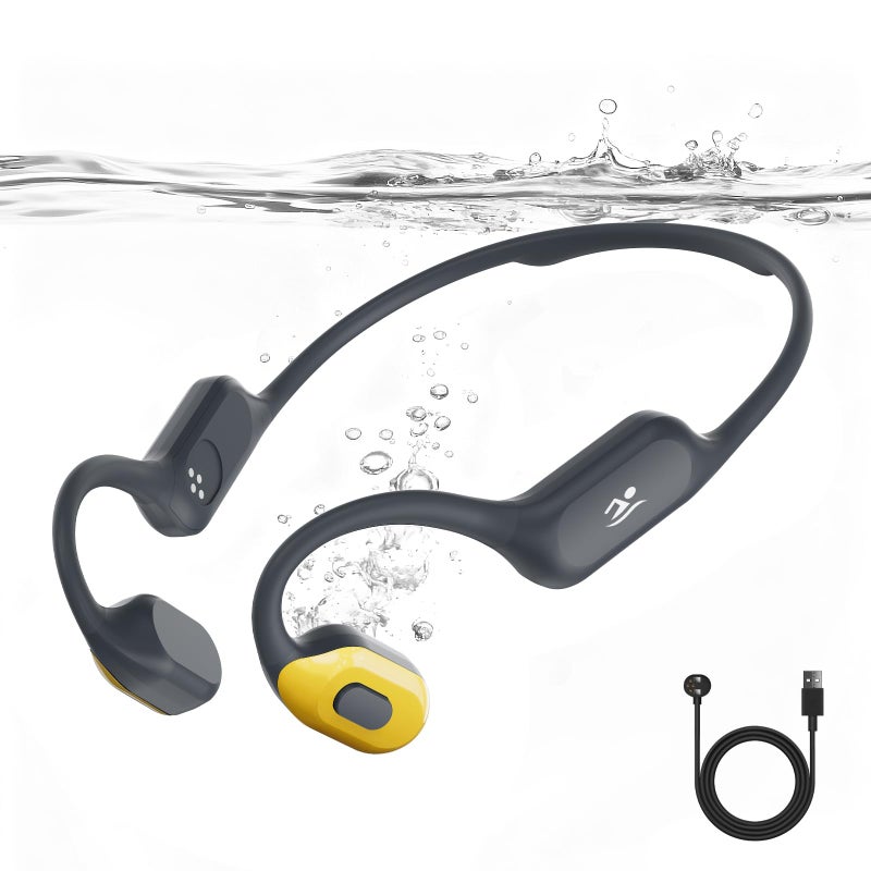MARLALL Swimming Bone Conduction Headphones with Night Safety Light, IP68 Waterproof 32G MP3 Memory, Soft Silicone Underwater Headphones,Submersible Sport Earbuds/Earphones for Swimming Diving-Lemon Yellow - Image 1