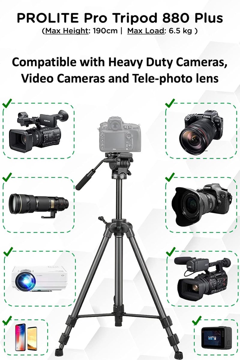 Pro-Lite Tripod VCT 880 Plus (Max Height 72 inch | Payload Upto 6.5 kg) with Fluid Video Head | Mobile Holder & Carry Bag Included - Image 3