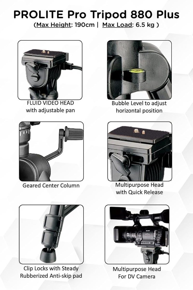 Pro-Lite Tripod VCT 880 Plus (Max Height 72 inch | Payload Upto 6.5 kg) with Fluid Video Head | Mobile Holder & Carry Bag Included - Image 2