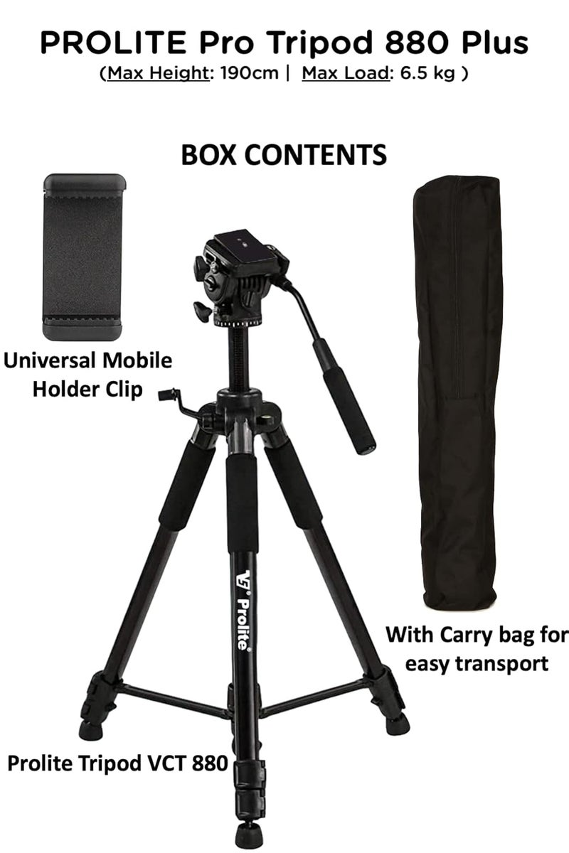 Pro-Lite Tripod VCT 880 Plus (Max Height 72 inch | Payload Upto 6.5 kg) with Fluid Video Head | Mobile Holder & Carry Bag Included - Image 4