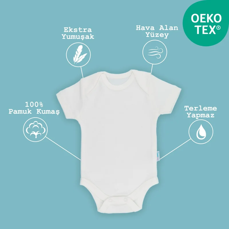 Novibaby 3-Piece Baby Bodysuit with Snap Fasteners Short Sleeve Ecru 100% Cotton 3-6 Months