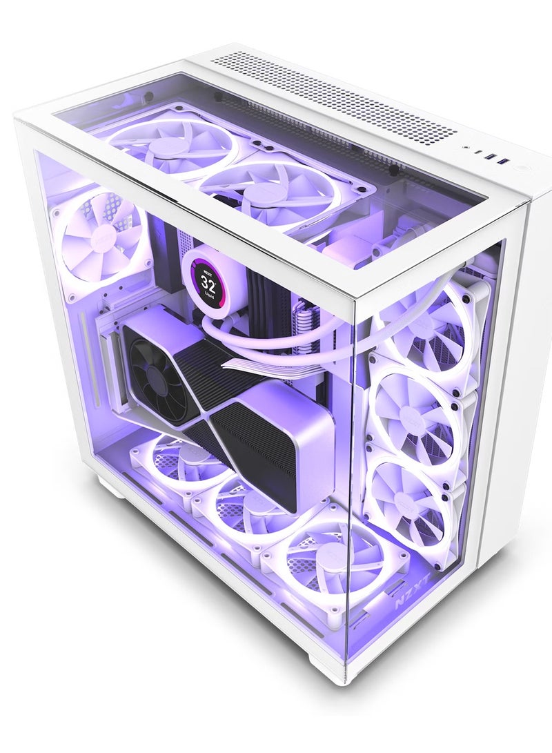 NZXT H9 Elite Dual-Chamber ATX Mid-Tower PC Gaming Case – Includes 3 x 120mm F120 RGB Duo Fans with Controller– Glass Front, Top & Side Panels 360mm Radiator Support Cable Management White - Image 1
