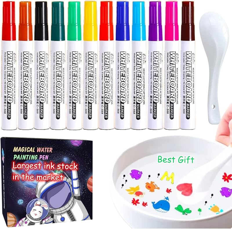 Upgraded- Larger Ink Stock, 12 Colors Magical Water Painting Pen for Kids,Water Painting Drawing Set, Magical Floating Ink Pens, Dry Erase Whiteboard Marker with Ceramic Spoon