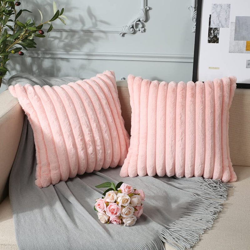 Soleebee Set of 2 Throw Pillow Covers Soft Cozy Velvet Pillowcase Faux Rabbit Fur Cover for Couch Sofa Bed Chair Home Decorative Pillows Cover (20x20 Inch  Pink) - Image 3
