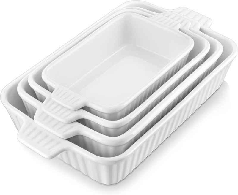MALACASA Casserole Dishes for Oven, Porcelain Baking Dishes, Ceramic Bakeware Sets of 4, Rectangular Lasagna Pans Deep with Handles for Baking Cake Kitchen, White (9.4"/11.1"/12.2"/14.7"), Series - Image 1