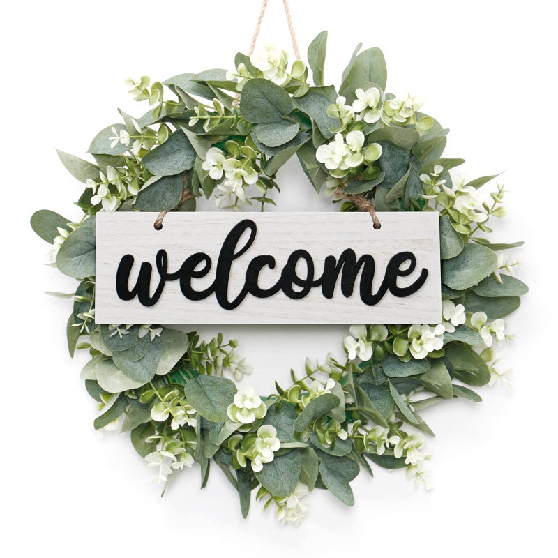 Dremisland 16 Inch Eucalyptus Leaves WreathArtificial Green Leaves Wreath with Welcome Sign Board for Front Door Window Farmhouse Garden Festival Celebration Home Decoration White