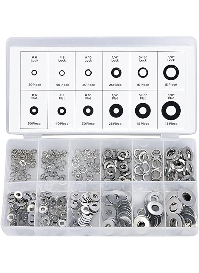 Neiko 50400A Stainless Steel Lock and Flat Washer Assortment | 350 Piece Set | 12 Different Sizes in Spring Lock and Flat Design | Prevent Loose Fasteners  - Image 1