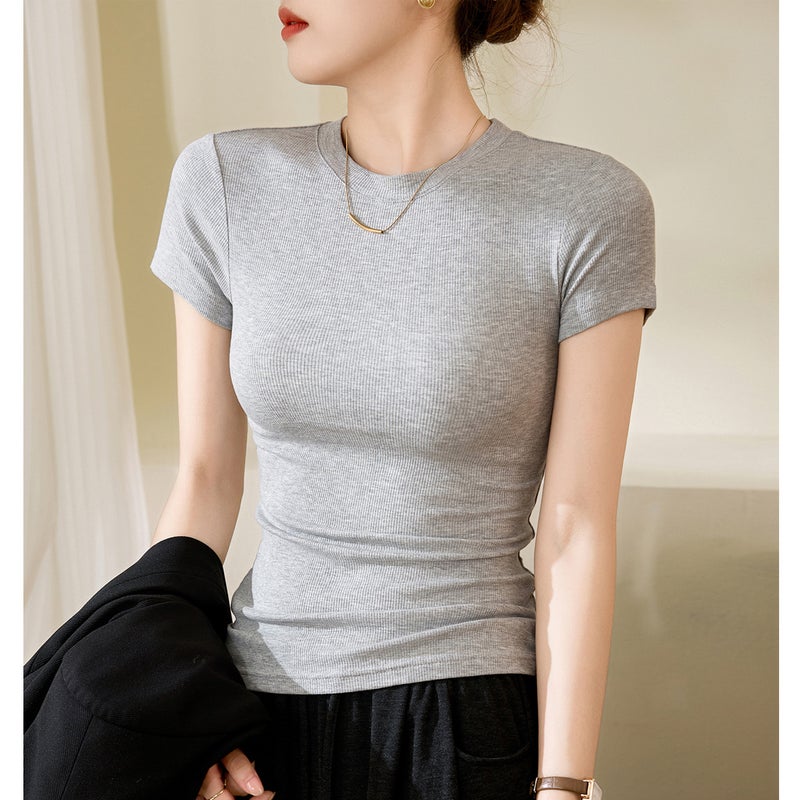 260g High-Elastic Ribbed Cotton T-Shirt for Women, Summer Short-Sleeve, 2025 New Model, Cross-Border Trade, Solid Color, Versatile, Plus-Size Women's Fashion - Image 4