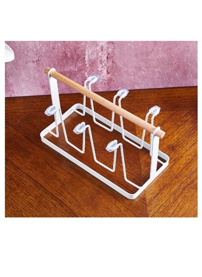 Japanese Style Iron Art Drain Cup Holder Household Wooden Handle Cup Holder With Tray Cup Holder Kitchen Cup Storage Rack