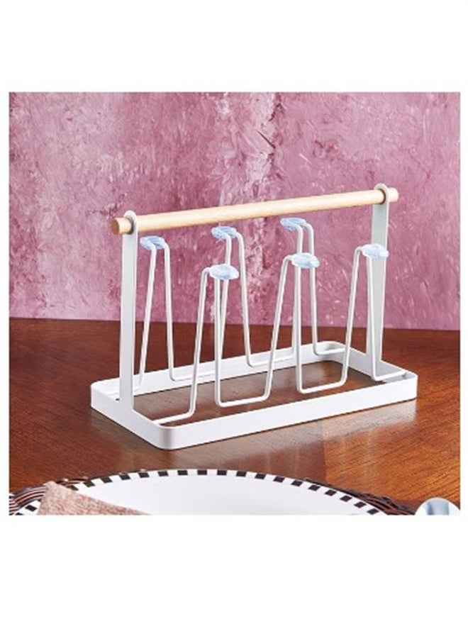 Japanese Style Iron Art Drain Cup Holder Household Wooden Handle Cup Holder With Tray Cup Holder Kitchen Cup Storage Rack