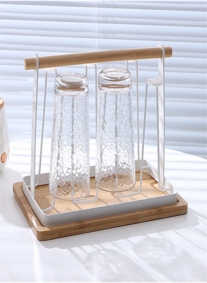 Japanese Style Iron Art Drain Cup Holder Household Wooden Handle Cup Holder With Tray Cup Holder Kitchen Cup Storage Rack