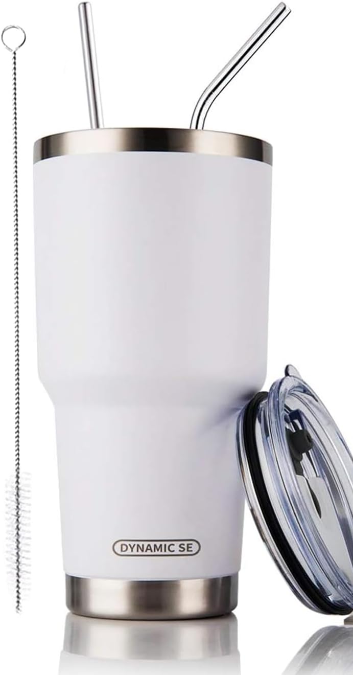 DS 30oz White Tumbler Stainless Steel Double Wall Vacuum Insulated Mug with Straw and Lid, Cleaning Brush for Cold and Hot Beverages (30oz White) - Image 1