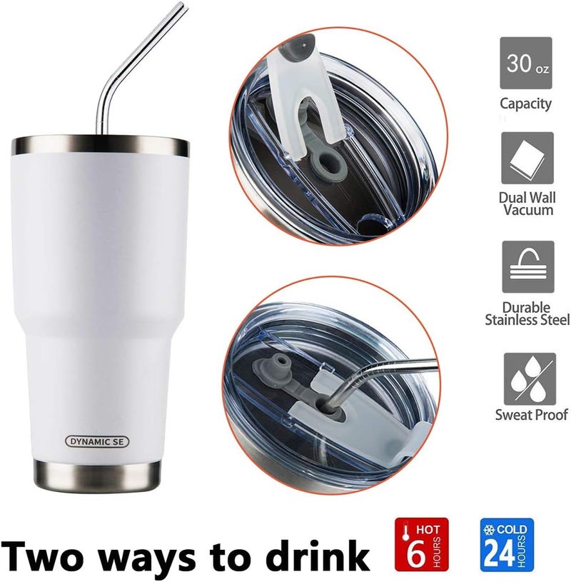 DS 30oz White Tumbler Stainless Steel Double Wall Vacuum Insulated Mug with Straw and Lid, Cleaning Brush for Cold and Hot Beverages (30oz White) - Image 3
