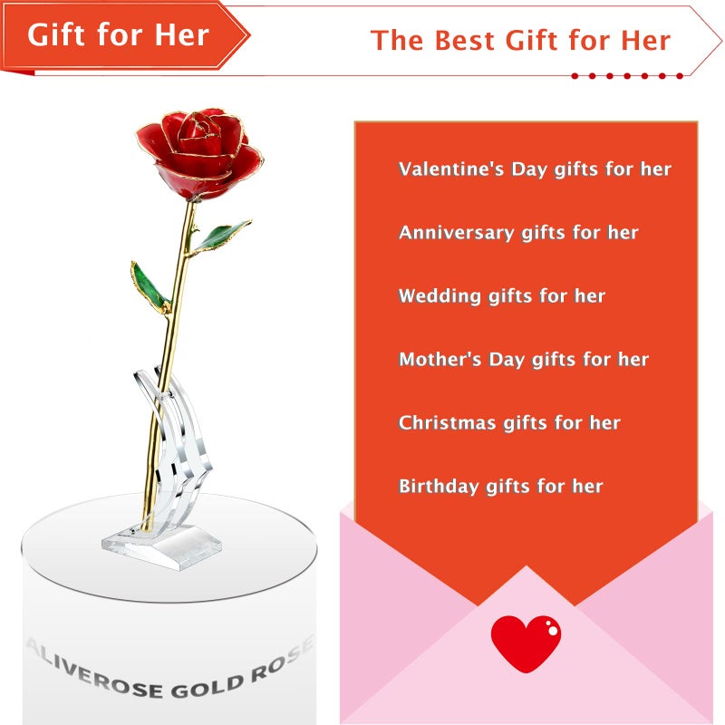 AliveRose Valentines Day Gifts for Girlfriend  24K Gold Rose Made from Real Rose - Unique Design 24K Dipped Rose for Anniversary Valentines Mothers Day Birthday Gifts (Red Rose with Stand) - Image 5