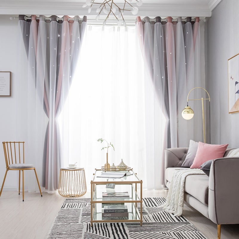 2pc Curtain Simple Gradient Hollow-out Star Pattern Double Layer Blackout Bedroom Living Room Insulation Curtain - Image 5