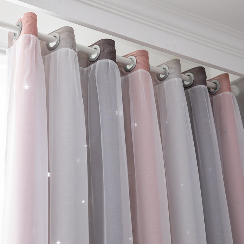2pc Curtain Simple Gradient Hollow-out Star Pattern Double Layer Blackout Bedroom Living Room Insulation Curtain - Image 3