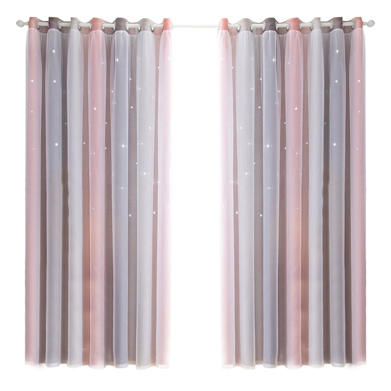 2pc Curtain Simple Gradient Hollow-out Star Pattern Double Layer Blackout Bedroom Living Room Insulation Curtain - Image 1