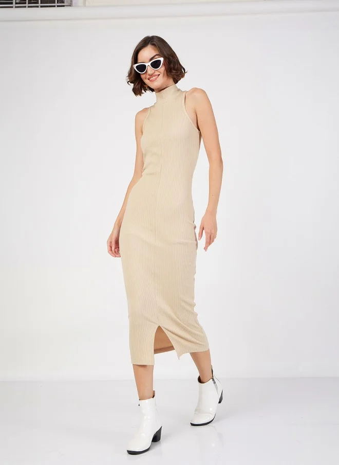 SASSAFRAS Beige High Neck Sheath Midi Dress for Women