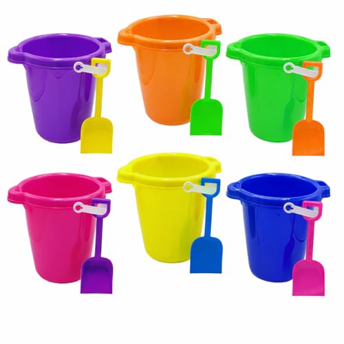 4E's Novelty 4Es Novelty 6 Pack 75 Beach Buckets and Shovels for Kids Bulk Strong Large Sand Bucket for Toddler Beach Toys for Kids 310 Sandbox Toys - Image 1