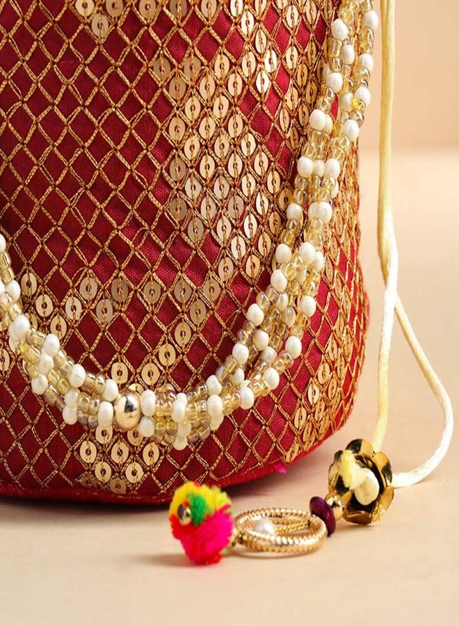 Floweraura Handcrafted Royal Red Golden Embroidered Pearl Potli Bag For Diwali Gift, Karwa Chauth Gift & Gift for Wife, Sister, Mother, Friends, Colleagues, Girlfriend - Image 2