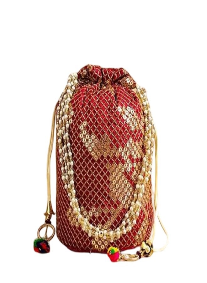 Floweraura Handcrafted Royal Red Golden Embroidered Pearl Potli Bag For Diwali Gift, Karwa Chauth Gift & Gift for Wife, Sister, Mother, Friends, Colleagues, Girlfriend - Image 1