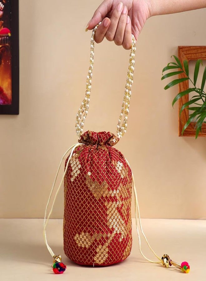 Floweraura Handcrafted Royal Red Golden Embroidered Pearl Potli Bag For Diwali Gift, Karwa Chauth Gift & Gift for Wife, Sister, Mother, Friends, Colleagues, Girlfriend - Image 3