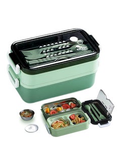 Bento Lunch Box, 2 in 1 Stainless Lunch Box Leak-Proof Versatile 3 Compartment Food Containers Adults On-the-Go Balanced Eating Boxes with Sauce Container, Cutlery & Chopsticks, BPA Free Green