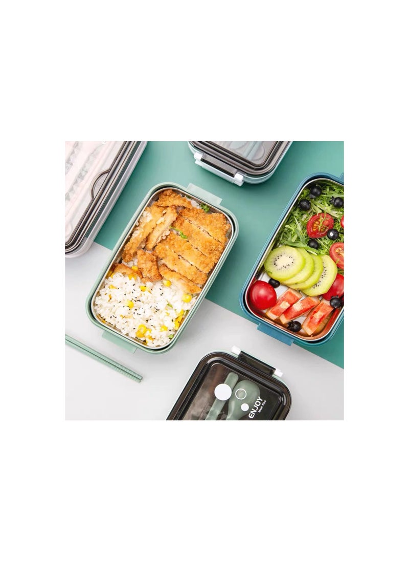 SYOSI - Bento Lunch Box, 2 in 1 Stainless Lunch Box Leak-Proof Versatile 3 Compartment Food Containers Adults On-the-Go Balanced Eating Boxes with Sauce Container, Cutlery & Chopsticks, BPA Free Green - Image 1