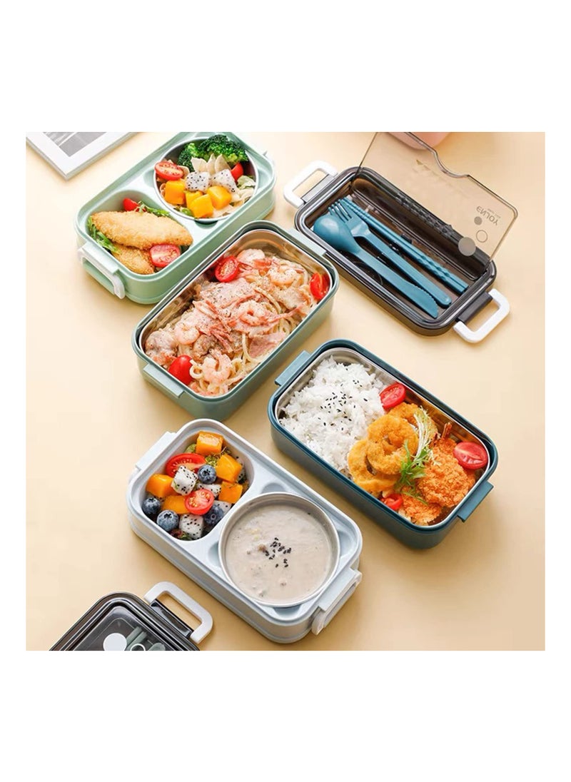 SYOSI - Bento Lunch Box, 2 in 1 Stainless Lunch Box Leak-Proof Versatile 3 Compartment Food Containers Adults On-the-Go Balanced Eating Boxes with Sauce Container, Cutlery & Chopsticks, BPA Free Green - Image 1