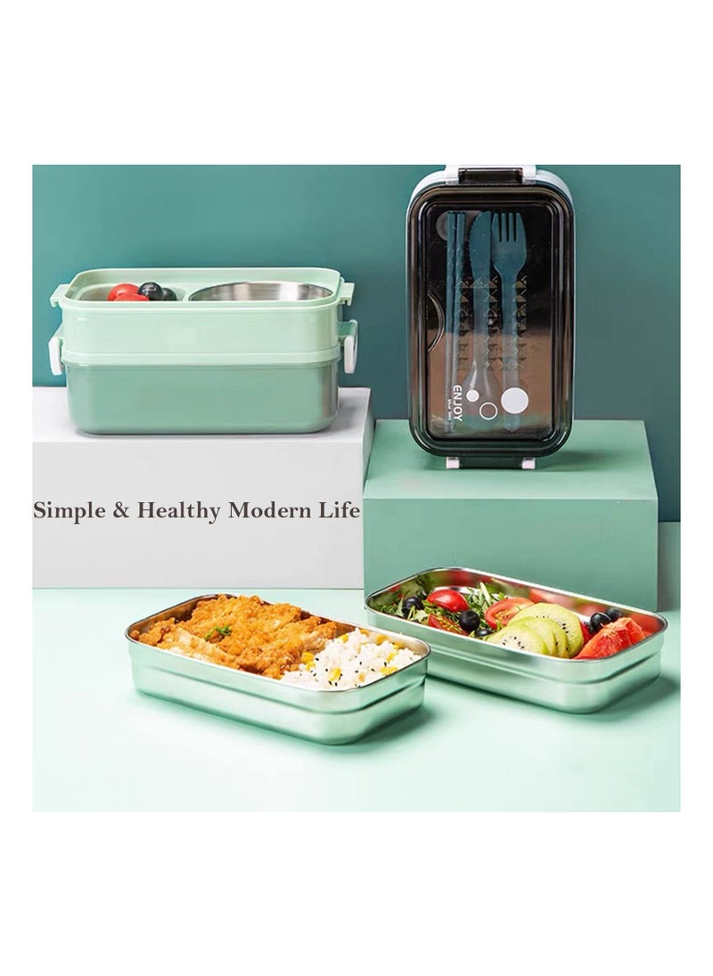 SYOSI - Bento Lunch Box, 2 in 1 Stainless Lunch Box Leak-Proof Versatile 3 Compartment Food Containers Adults On-the-Go Balanced Eating Boxes with Sauce Container, Cutlery & Chopsticks, BPA Free Green - Image 1