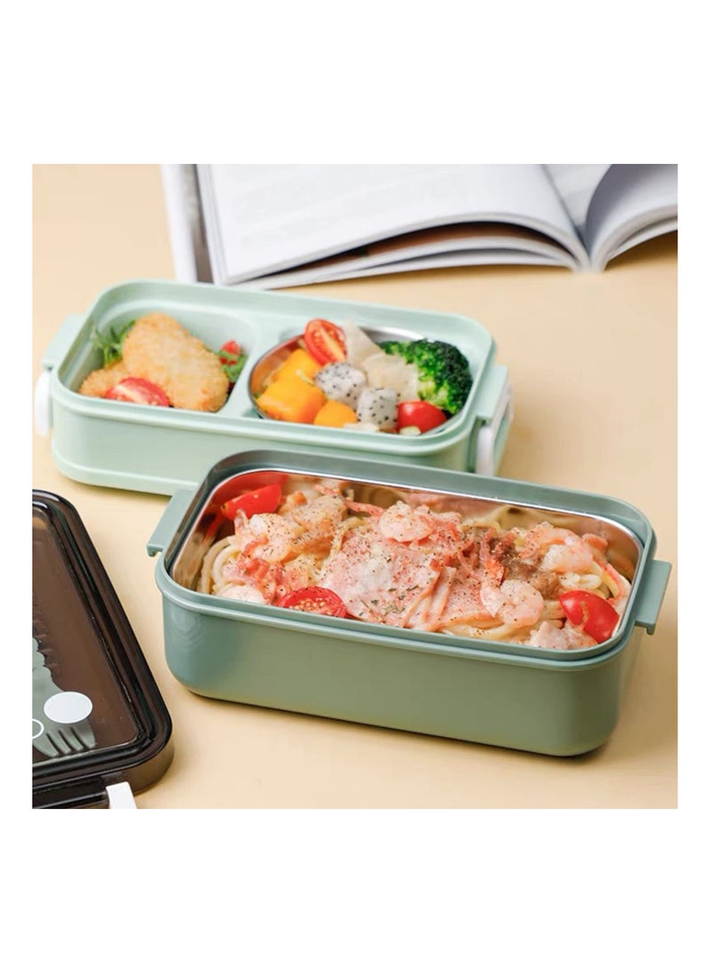 SYOSI - Bento Lunch Box, 2 in 1 Stainless Lunch Box Leak-Proof Versatile 3 Compartment Food Containers Adults On-the-Go Balanced Eating Boxes with Sauce Container, Cutlery & Chopsticks, BPA Free Green - Image 1